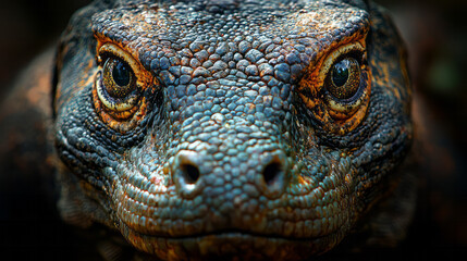 Fototapeta premium A close-up headshot of a Komodo dragon, its rough, scaly skin and sharp eyes staring intently,