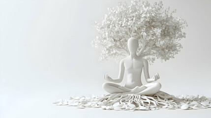 3D Mindfulness Meditation Tree Vector: White Tree with Roots as Meditating Figure, Panning Leaves for Mental Wellbeing - Isolated on White Background