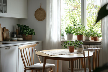 a cozy Scandinavian kitchen nook featuring a minimalist dining table, soft wool textiles, and an abundance of natural light. Incorporate light wood enhance the nostalgic feel of the space.