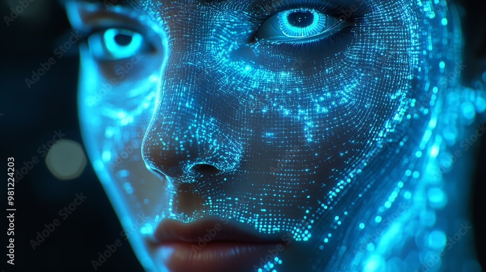 Aufkleber close-up of a female android with digital data and circuit patterns overlaid on her face, symbolizin
