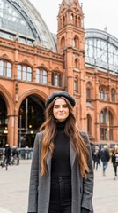 Obraz premium An elegant woman walks through bustling city streets, exuding confidence while wearing a grey wool coat and a stylish black hat adorned with buttons
