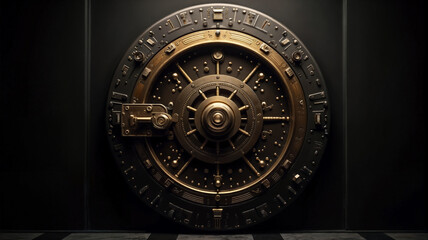 The heavy bank vault door features elaborate metalwork and glowing indicators, showcasing craftsmanship that conveys security and protection. Its aged design evokes a sense of history and trust.