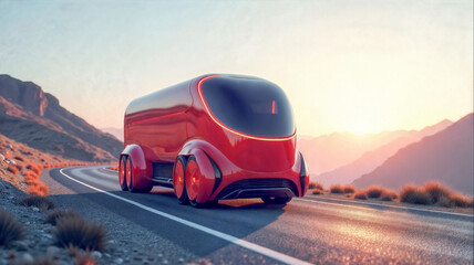 Fototapeta premium A sleek, red autonomous vehicle glides along a curvy mountain road at sunrise, surrounded by dramatic peaks and soft morning light illuminating the horizon.