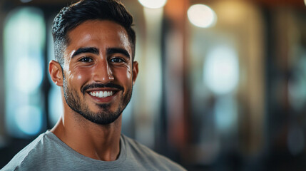 Obraz premium Smiling young athletic man looking handsome after a successful gym workout