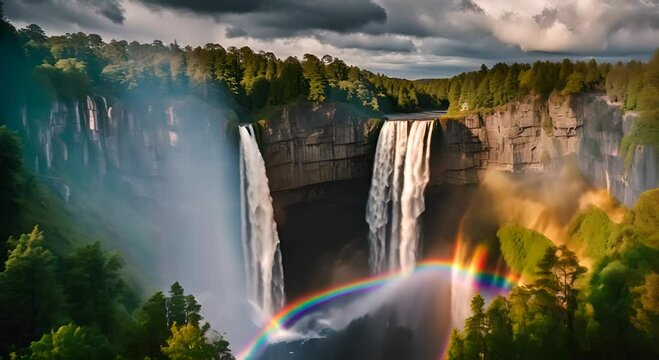 Rainbow next to a waterfall.