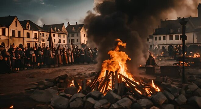 Bonfire in a medieval village.