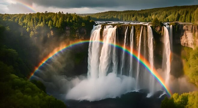 Rainbow next to a waterfall.