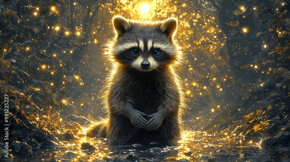 Aufkleber a raccoon scavenging near a quiet stream, illuminated by the soft glow of the moon and distant firef