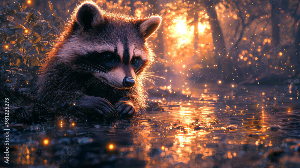 Aufkleber a raccoon scavenging near a quiet stream, illuminated by the soft glow of the moon and distant firef