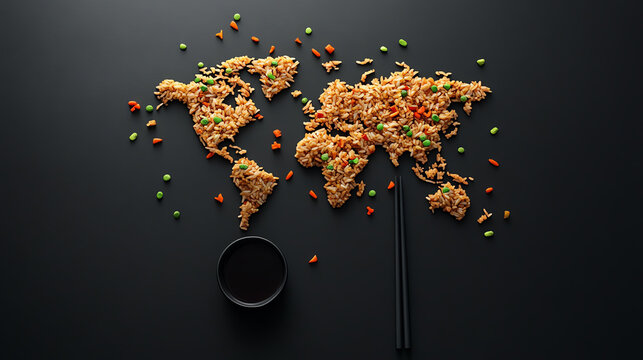 Colorful rice arranged to resemble a world map, accompanied by chopsticks and a bowl of soy sauce on a dark wooden background. - Powered by Adobe