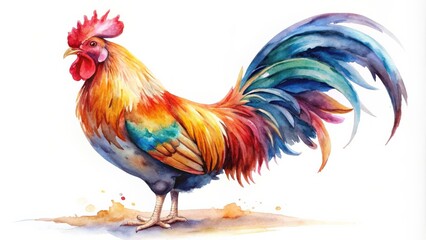 Fototapeta premium Watercolor of a colorful rooster on a white background, rooster, watercolor,bird, farm animal, feathers, vibrant, colorful, painting