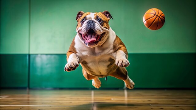 Adorable English Bulldog in athletic pose, paws grasping basketball, jumping high in mid-air, tongue out, joyful expression, on a bright green indoor court background.