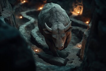 Obraz premium A powerful Minotaur stands in a dark, winding labyrinth lit by small flickering candles. The mythical creature's formidable presence is accentuated by the shadowy setting.