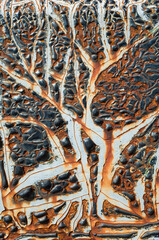 Abstract pattern of peeling black and white paint on old metal rusty surface, Black paint blistered among lines of cracked white paint background creating abstractionism art