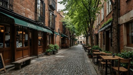 Obraz premium Charming alleyway lined with trees and cafes in the city.
