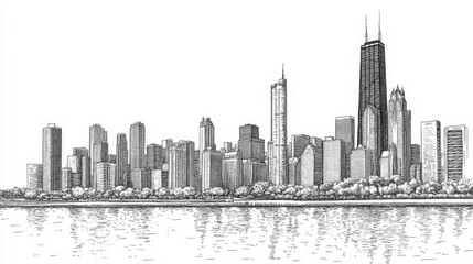 Fototapeta premium A detailed pen and ink sketch of a city skyline.
