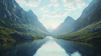 Futuristic landscape, a river passing through a valley and ending between two mountains, realistic style, panoramic view, 8k illumination, 600dpi
