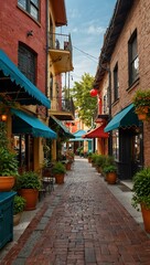 Charming walkway with colorful storefronts and awnings.