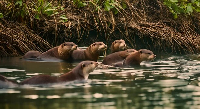 Otters in the river.