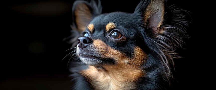 Closeup Portrait of a Black and Tan Chihuahua Dog Looking Up