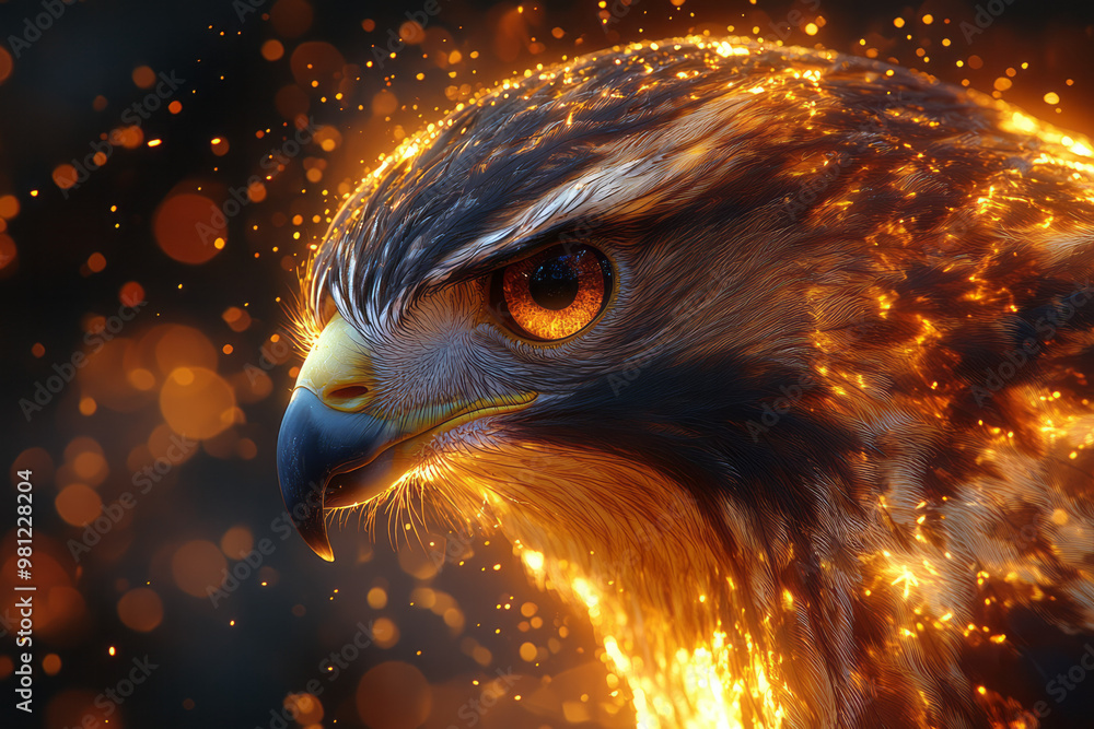 Poster A close-up of a hawkâ€™s face, with intricate, glowing light patterns swirling around its sharp beak and intense eyes,