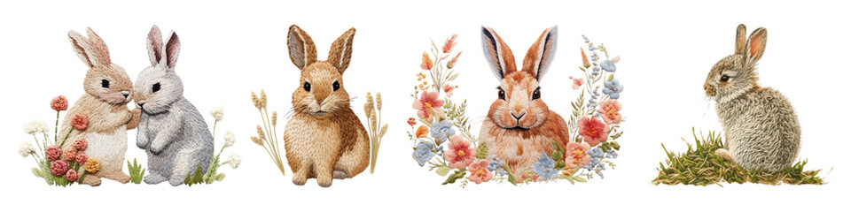 Obraz premium cute rabbit embroidery style png cut out element set