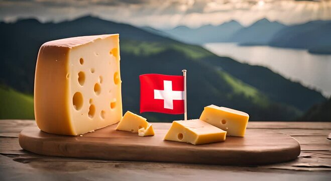 Swiss cheese with the Swiss flag.