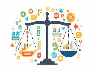 Flat Vector Illustration of Balance Scale Weighing Political Issues - Healthcare, Economy, Education Icons for Infographic Use