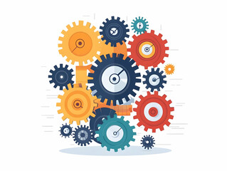 Flat Vector Illustration of Interlocking Gears for Vote Counting Mechanism - Close Up with Zoom Out Effect, Isolated on White Background for Tallying Information