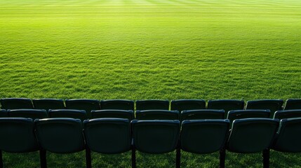 Fototapeta premium Empty stadium seats with a clear view of the green field in the foreground ready for sports events or public gatherings