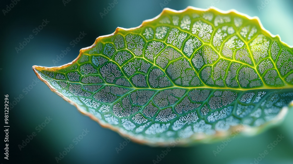 Poster A close-up of a single leaf, starting as fully realistic, then fragmenting into abstract polygons and hexagons as it spreads toward the tip,