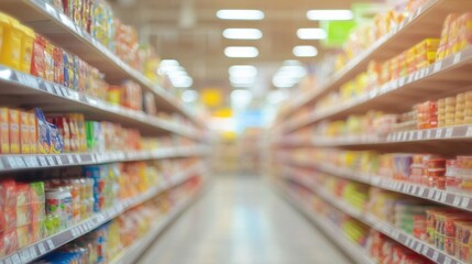 Blurred supermarket aisles with soft lighting and out-of-focus shelves providing a neutral backdrop for retail or shopping concepts