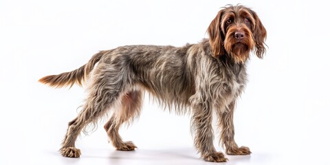 A majestic wirehaired pointing griffon dog with a rugged coat and gentle eyes stands confidently against a pure white background, showcasing its unique features.