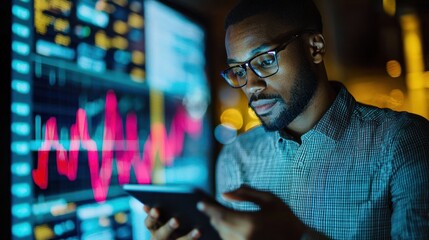 An operations analyst looking at a digital tablet with a focused expression, analyzing data.