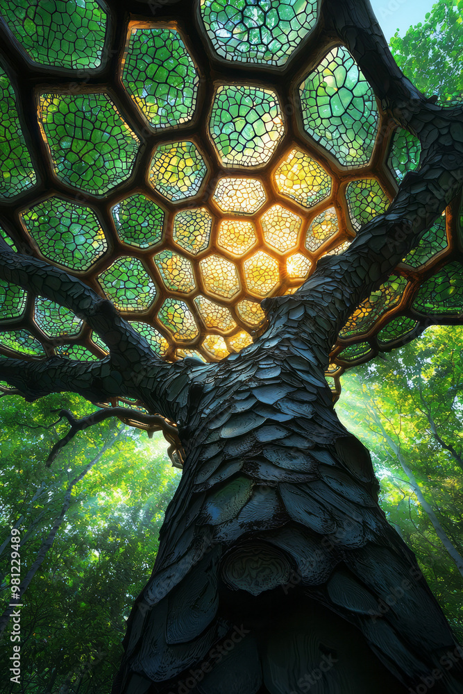 Leinwandbilder A tree with its branches extending outward, as the leaves gradually turn into intricate, repeating hexagonal patterns,