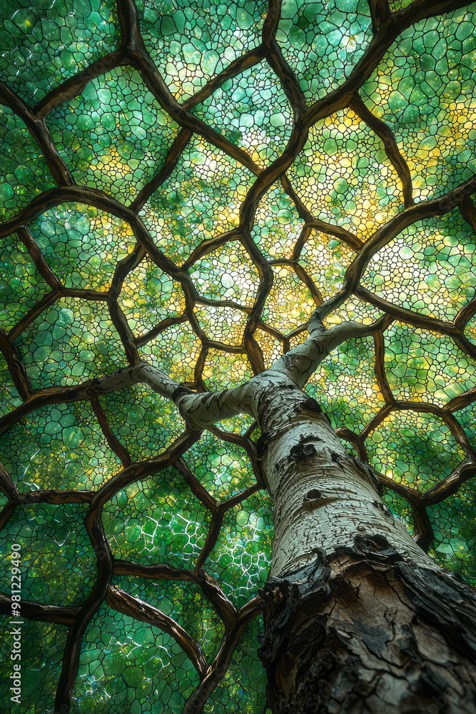 Poster A tree with its branches extending outward, as the leaves gradually turn into intricate, repeating hexagonal patterns,