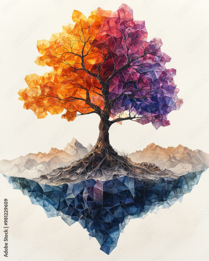 Poster A tree with leaves turning into geometric crystals and sharp polygons, while the roots remain fully organic and realistic,