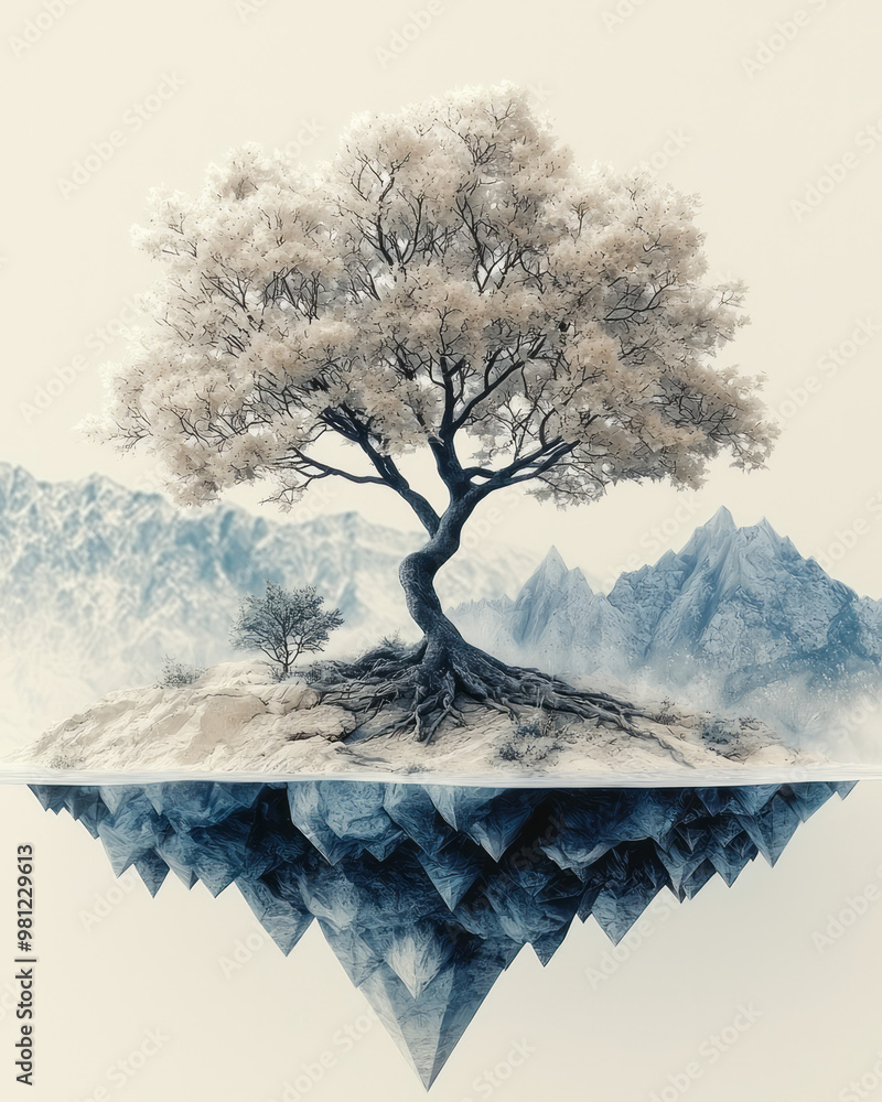 Aufkleber A tree with leaves turning into geometric crystals and sharp polygons, while the roots remain fully organic and realistic,