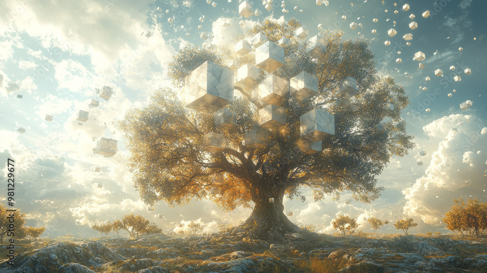 Poster A large oak tree where its leaves are gradually shifting into abstract geometric spheres and cubes,