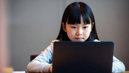 School girl using her laptop at home