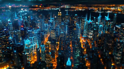 Obraz premium Futuristic cityscape at night with glowing neon lights and digital data streams, aerial view 