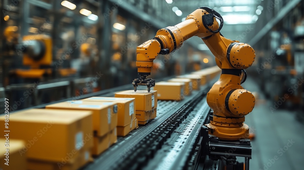 Poster robotic arm with adaptive grippers sorting packages on an assembly line during warehouse operations