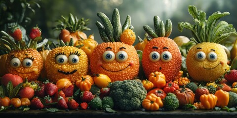 The whimsical city streets where animated fruits with faces make everyday life a colorful and engaging journey