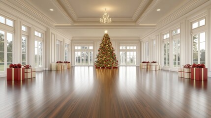 A beautifully decorated Christmas tree stands in a luxury home, surrounded by white gift boxes with golden bows, illuminated by warm sunlight from large windows
