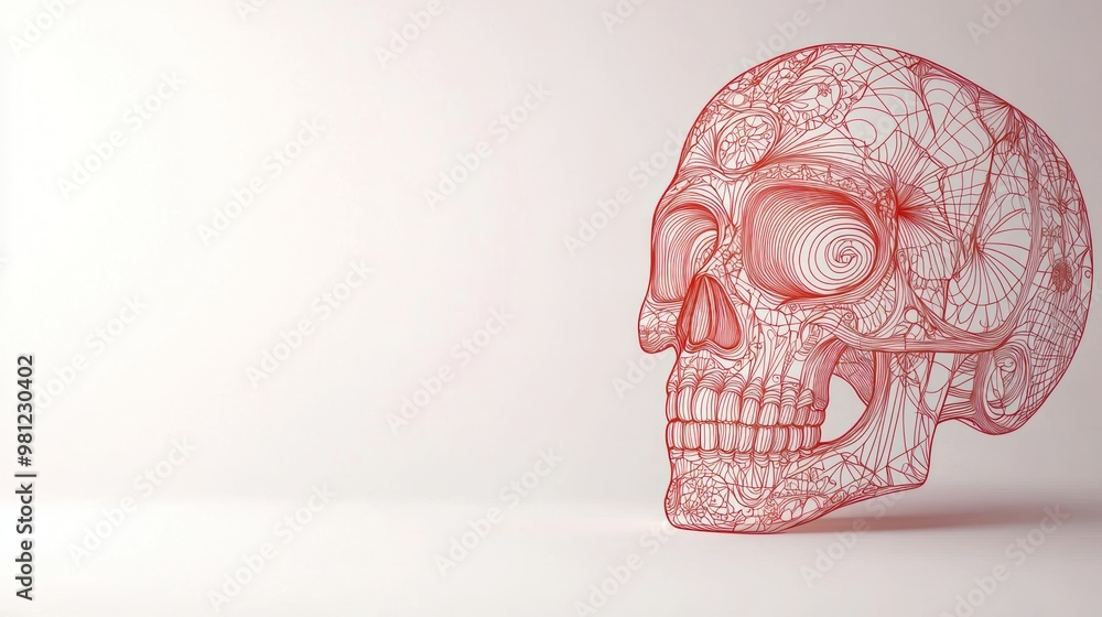 Poster a day of the dead skull drawn with thin, elegant lines on a white background with generous empty spa