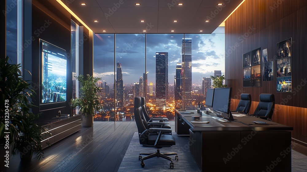 Poster modern office with multiple monitors showing data and overlooking city at sunset