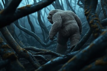 Obraz premium A mythical creature resembling a giant ape or Bigfoot walking through a dark, dense forest with twisted, eerie trees. The atmosphere is mysterious and foggy.