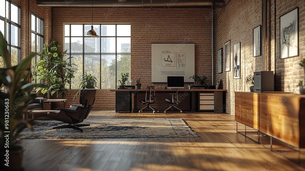 Poster modern office with multiple monitors showing data and overlooking city at sunset