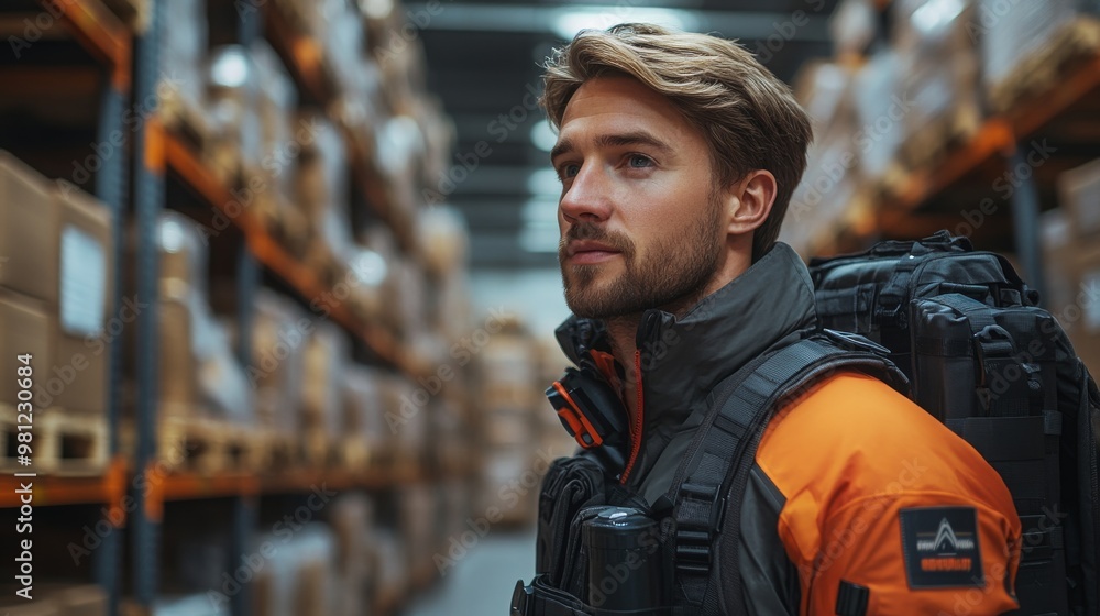 Poster exoskeleton-enhanced worker in a warehouse setting assessing inventory tasks during daytime