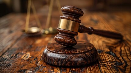 A close-up of a wooden gavel resting on a textured surface, symbolizing justice and law in a courtroom setting.